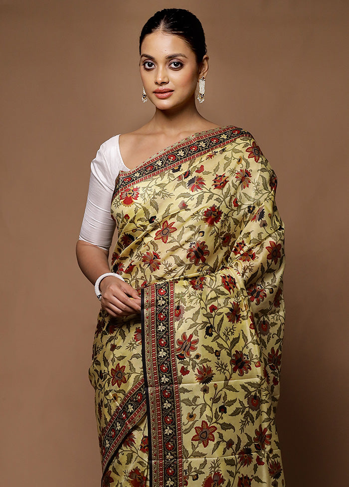 Cream Printed Pure Silk Saree Without Blouse Piece