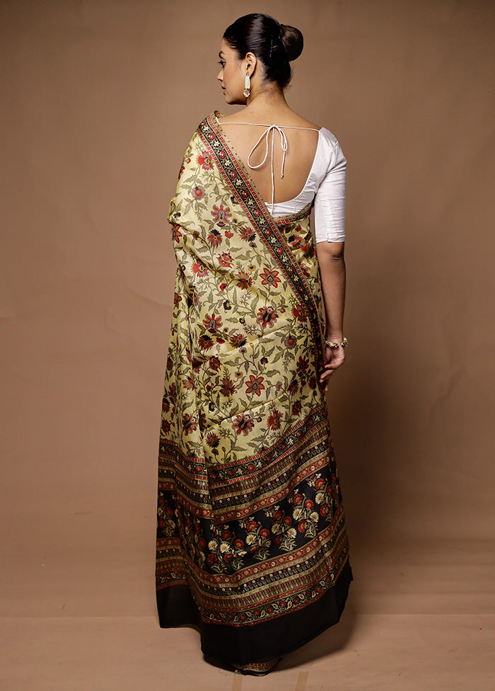 Cream Printed Pure Silk Saree Without Blouse Piece