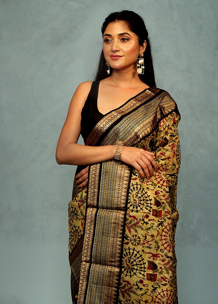 Yellow Printed Pure Silk Saree With Blouse Piece - Indian Silk House Agencies