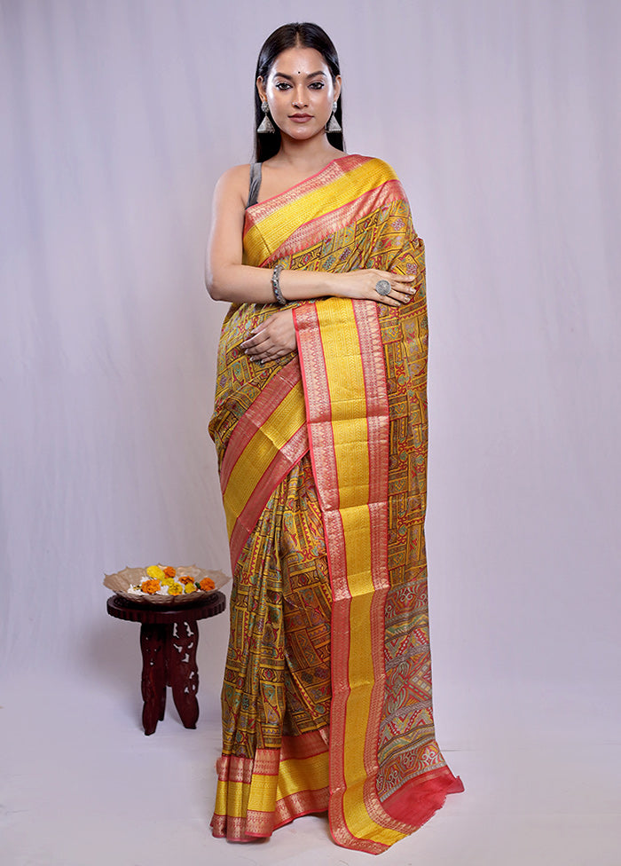 Yellow Printed Pure Silk Saree With Blouse Piece - Indian Silk House Agencies