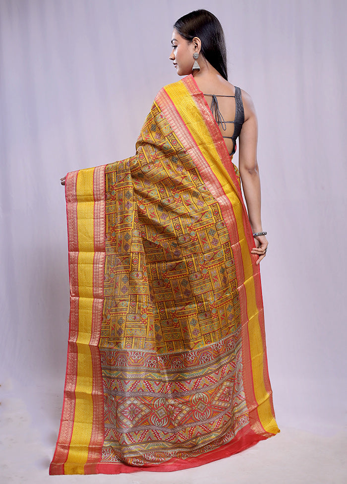 Yellow Printed Pure Silk Saree With Blouse Piece - Indian Silk House Agencies