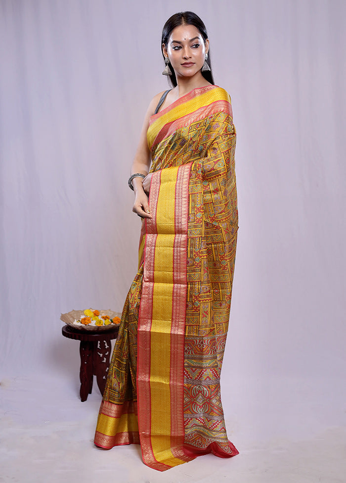 Yellow Printed Pure Silk Saree With Blouse Piece - Indian Silk House Agencies