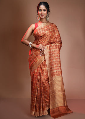 Rust Pure Printed Mysore Silk Saree With Blouse Piece - Indian Silk House Agencies