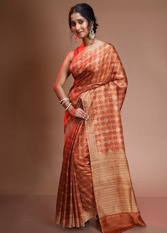 Rust Pure Printed Mysore Silk Saree With Blouse Piece - Indian Silk House Agencies