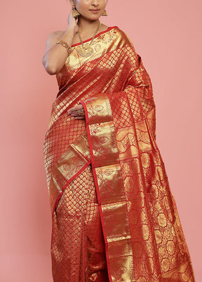 Red Kanjivaram Silk Saree With Blouse Piece - Indian Silk House Agencies