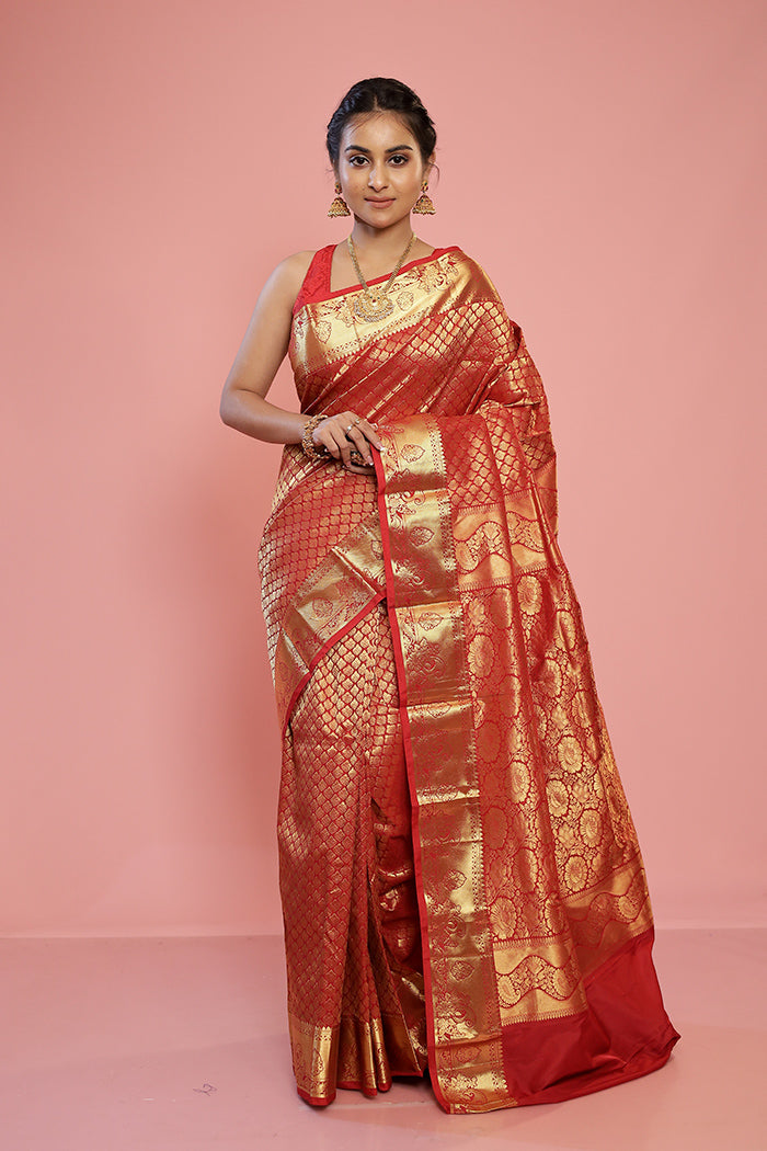 Red Kanjivaram Silk Saree With Blouse Piece - Indian Silk House Agencies