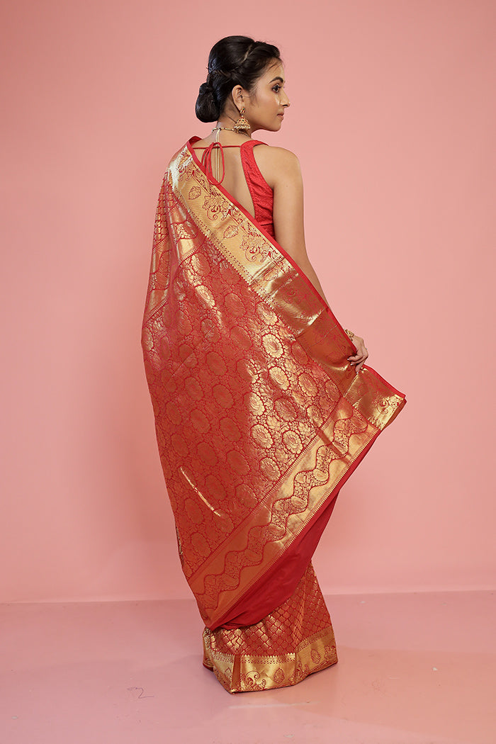 Red Kanjivaram Silk Saree With Blouse Piece - Indian Silk House Agencies