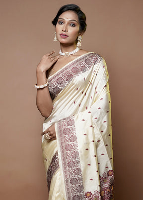 Cream Handloom Katan Pure Silk Saree With Blouse Piece