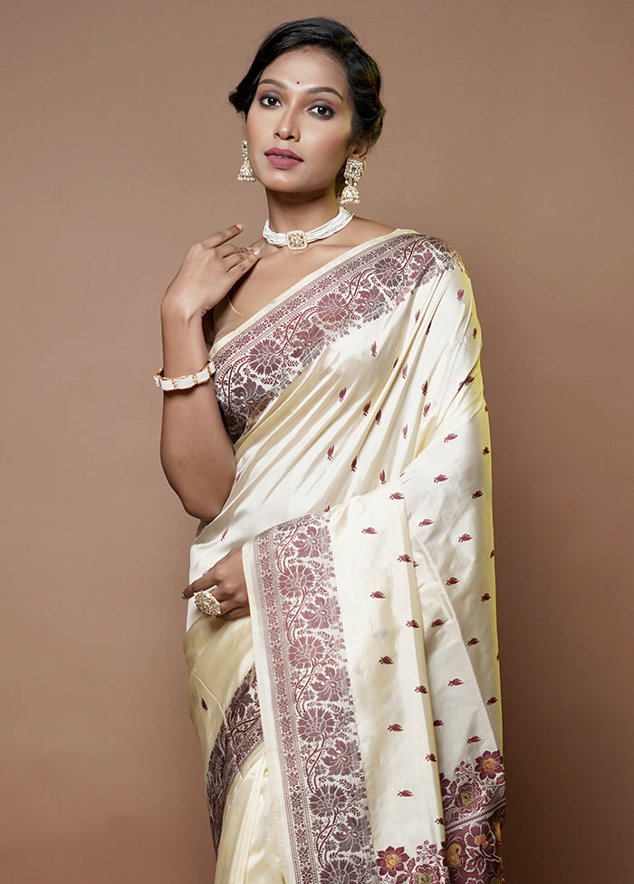 Cream Handloom Katan Pure Silk Saree With Blouse Piece