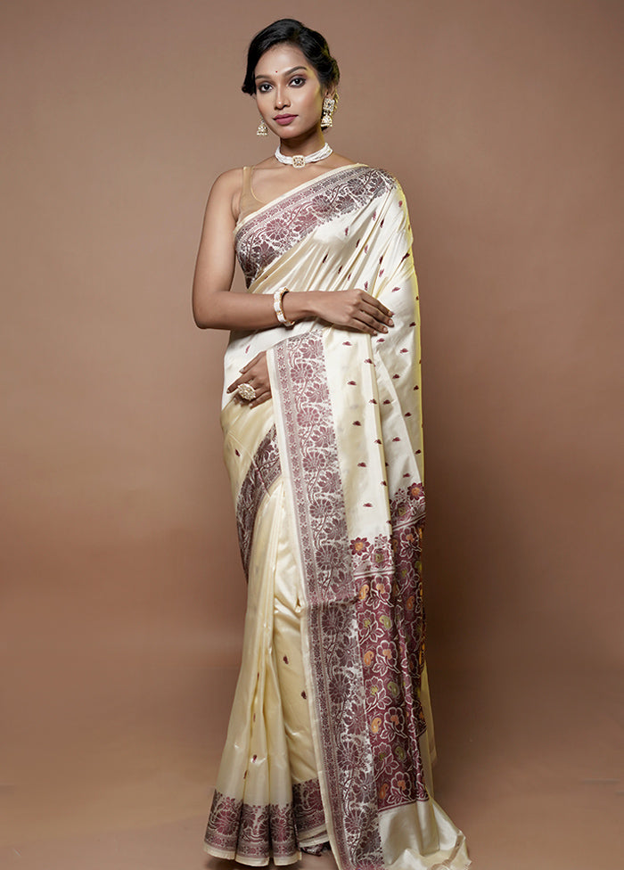 Cream Handloom Katan Pure Silk Saree With Blouse Piece