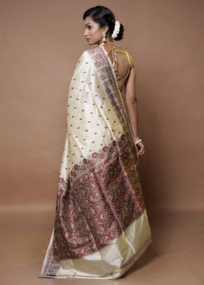 Cream Handloom Katan Pure Silk Saree With Blouse Piece