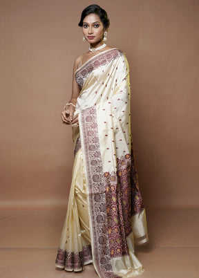 Cream Handloom Katan Pure Silk Saree With Blouse Piece