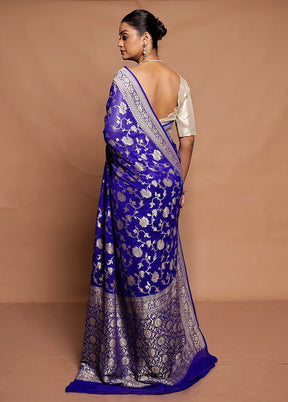 Blue Gadwal Pure Silk Saree Without Blouse Piece