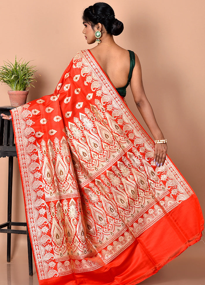 Orange Pure Banarasi Silk Saree With Blouse Piece - Indian Silk House Agencies