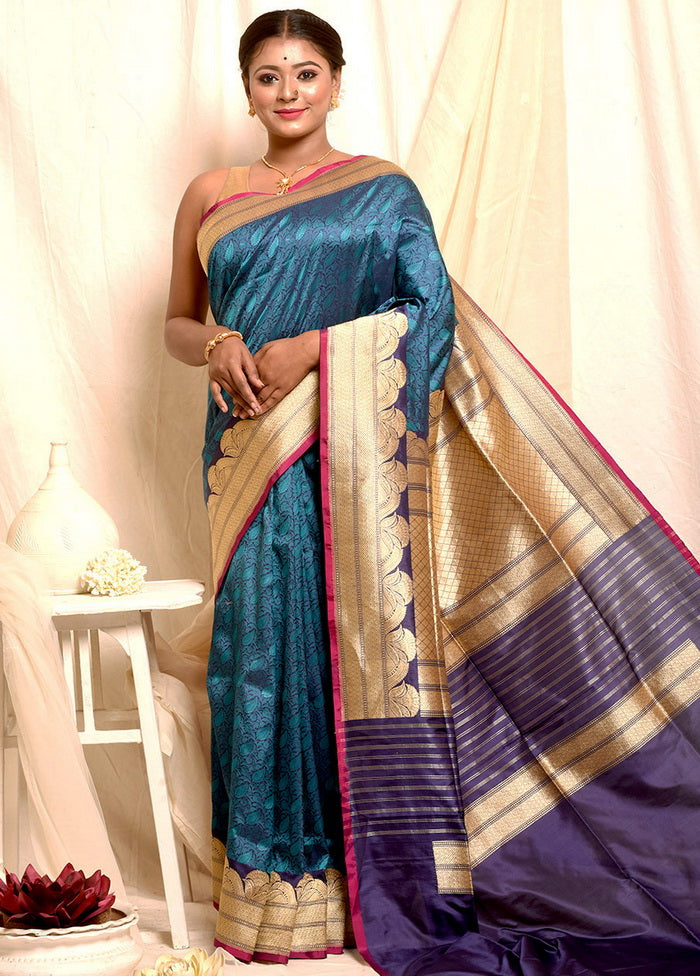 Blue Banarasi Pure Silk Handloom Saree With Blouse - Indian Silk House Agencies