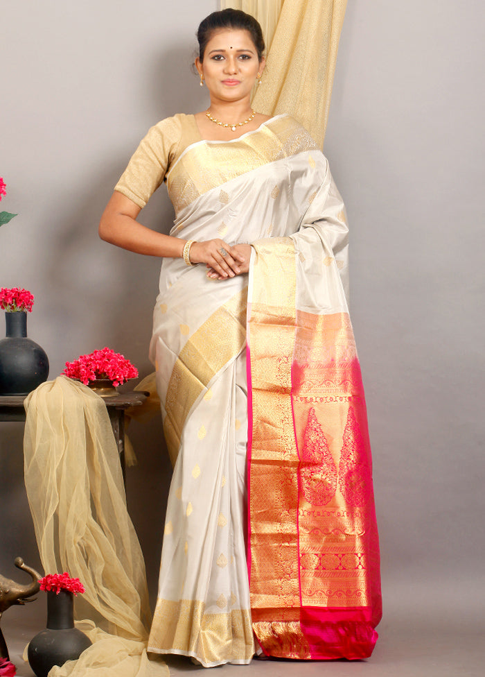 White Kanjivaram Pure Silk Zari Woven Saree With Blouse - Indian Silk House Agencies