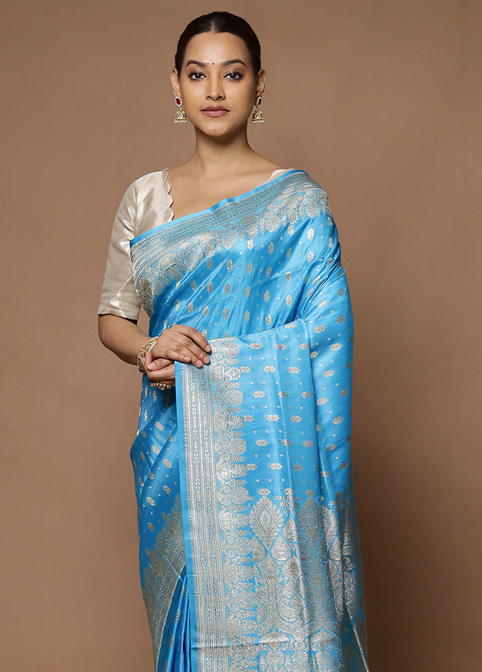 Blue Handloom Banarasi Pure Silk Saree With Blouse Piece