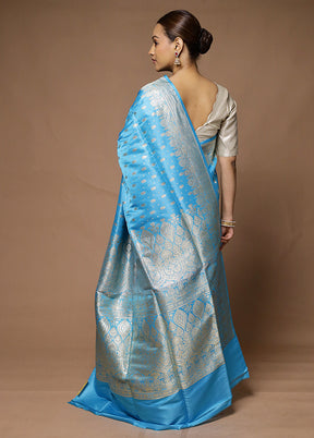 Blue Handloom Banarasi Pure Silk Saree With Blouse Piece