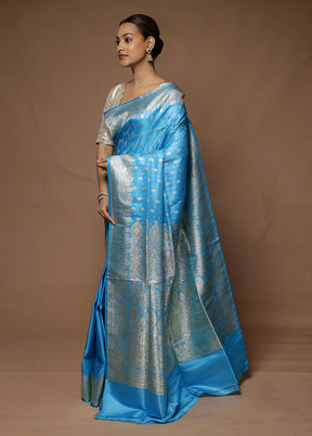 Blue Handloom Banarasi Pure Silk Saree With Blouse Piece