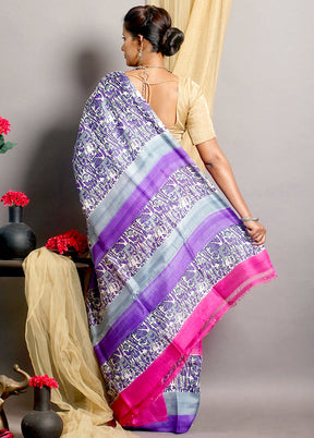 Blue Printed Pure Silk Printed Saree Without Blouse - Indian Silk House Agencies