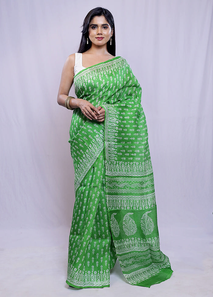 Green Printed Pure Silk Saree With Blouse Piece - Indian Silk House Agencies