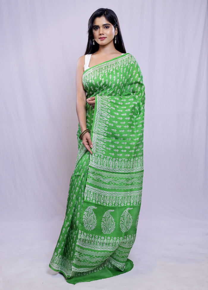 Green Printed Pure Silk Saree With Blouse Piece - Indian Silk House Agencies