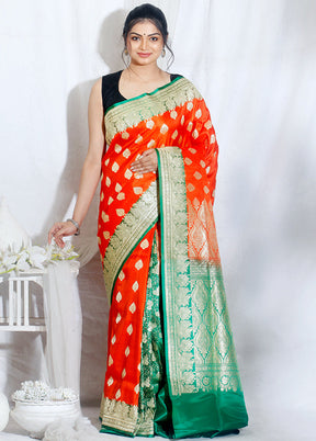 Rust Patli Pallu Banarasi Pure Silk Zari Woven Saree With Blouse - Indian Silk House Agencies