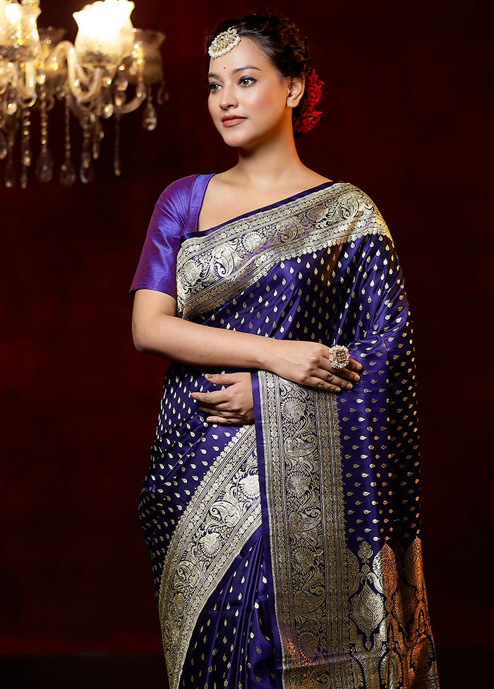 Blue Handloom Banarasi Pure Silk Saree With Blouse Piece