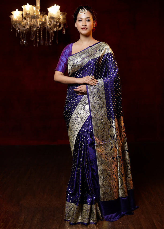 Blue Handloom Banarasi Pure Silk Saree With Blouse Piece