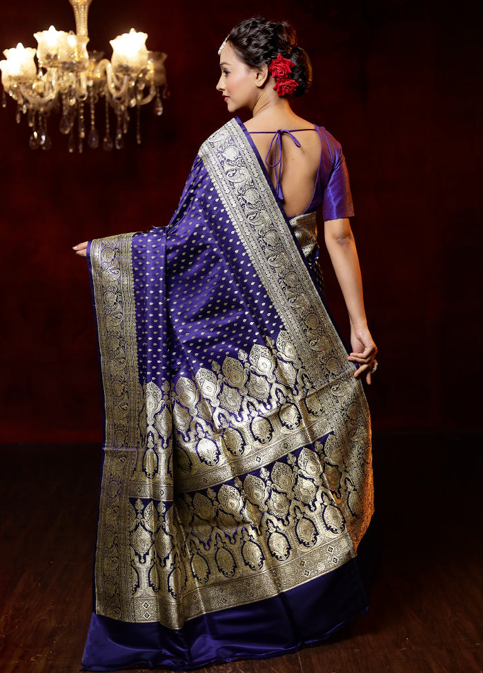 Purple Handloom Banarasi Pure Silk Saree With Blouse Piece