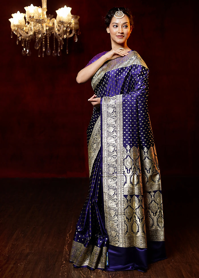 Purple Handloom Banarasi Pure Silk Saree With Blouse Piece