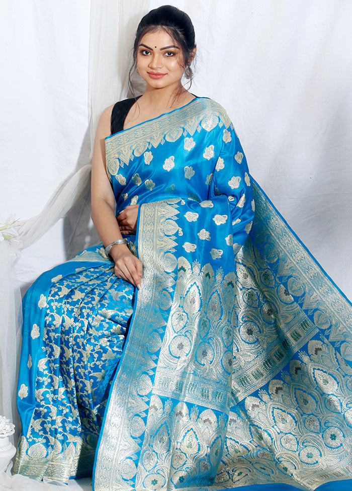 Blue Banarasi Pure Silk Zari Woven Saree With Blouse - Indian Silk House Agencies