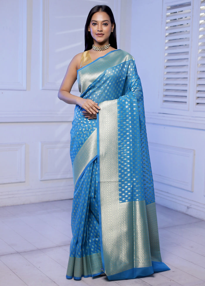 Blue Kora Silk Saree With Blouse Piece