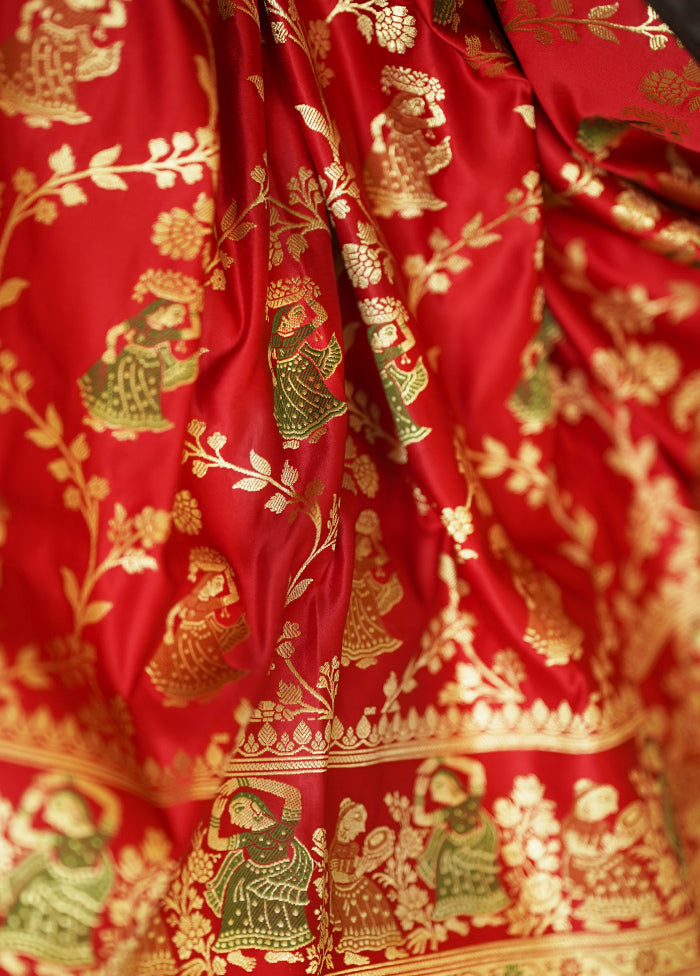 Red Handloom Banarasi Pure Silk Saree With Blouse Piece