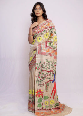 Cream Kantha Stitch Pure Silk Saree With Blouse Piece - Indian Silk House Agencies