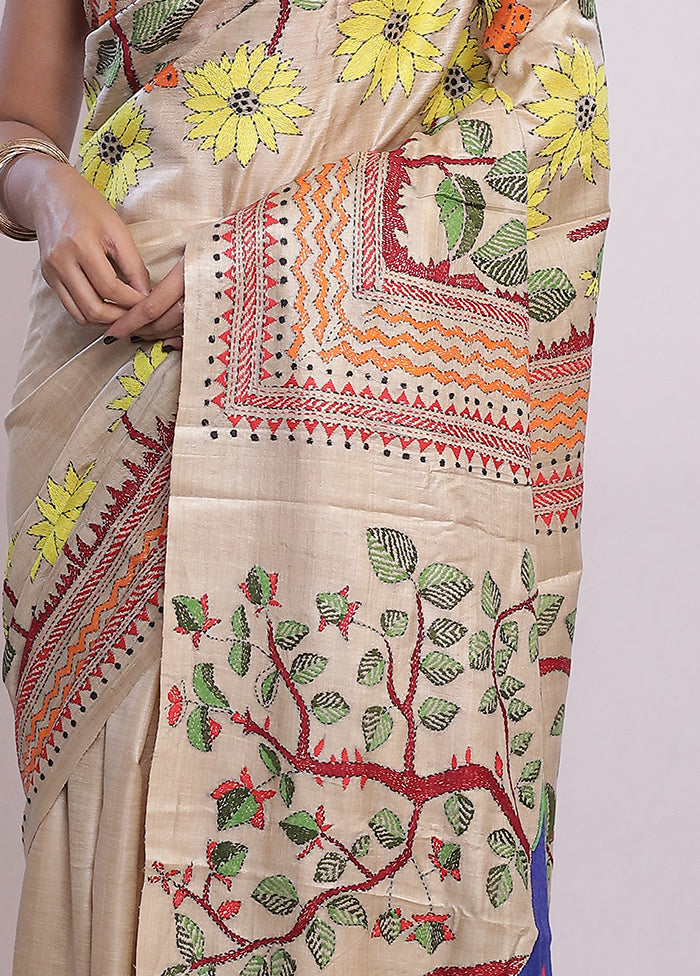 Cream Kantha Stitch Pure Silk Saree With Blouse Piece - Indian Silk House Agencies