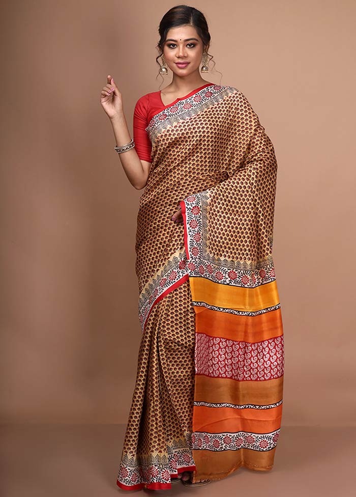 Sand Yellow Pure Printed Silk Saree With Blouse Piece - Indian Silk House Agencies