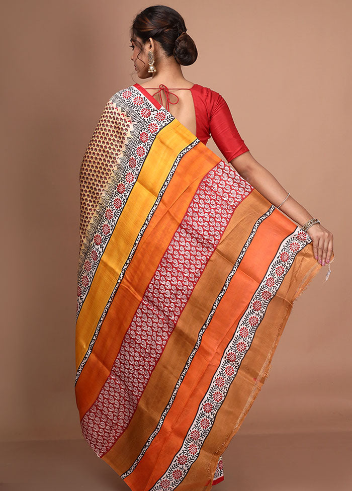 Sand Yellow Pure Printed Silk Saree With Blouse Piece - Indian Silk House Agencies