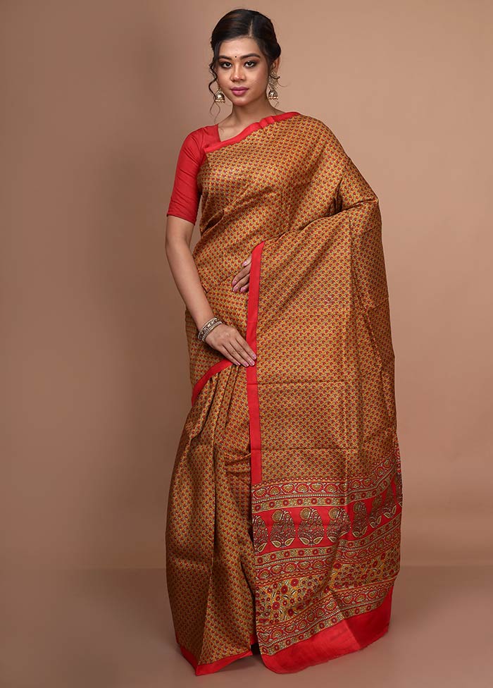 Sand Yellow Pure Printed Silk Saree With Blouse Piece - Indian Silk House Agencies