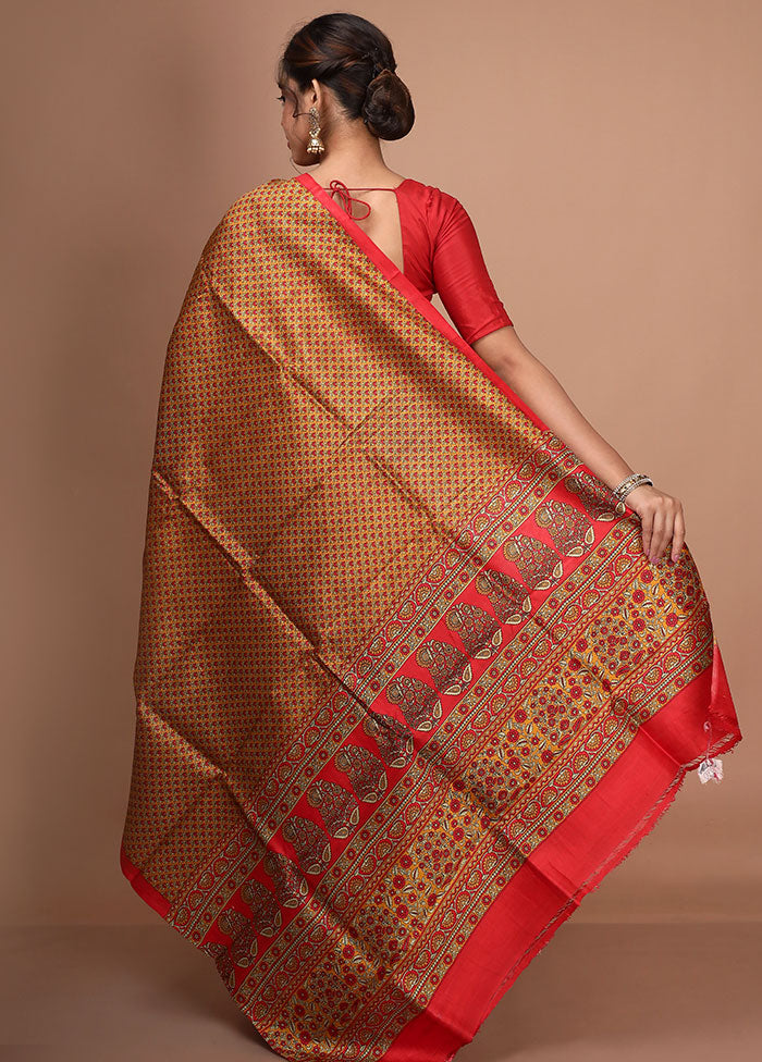 Sand Yellow Pure Printed Silk Saree With Blouse Piece - Indian Silk House Agencies