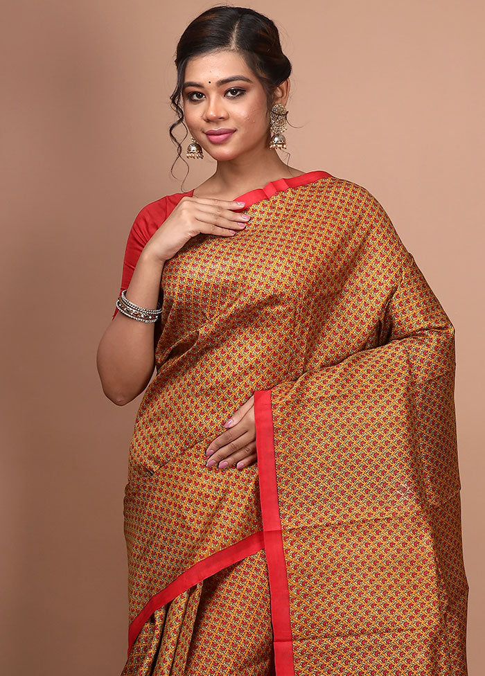 Sand Yellow Pure Printed Silk Saree With Blouse Piece - Indian Silk House Agencies