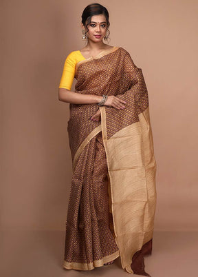 Brown Pure Printed Silk Saree With Blouse Piece - Indian Silk House Agencies