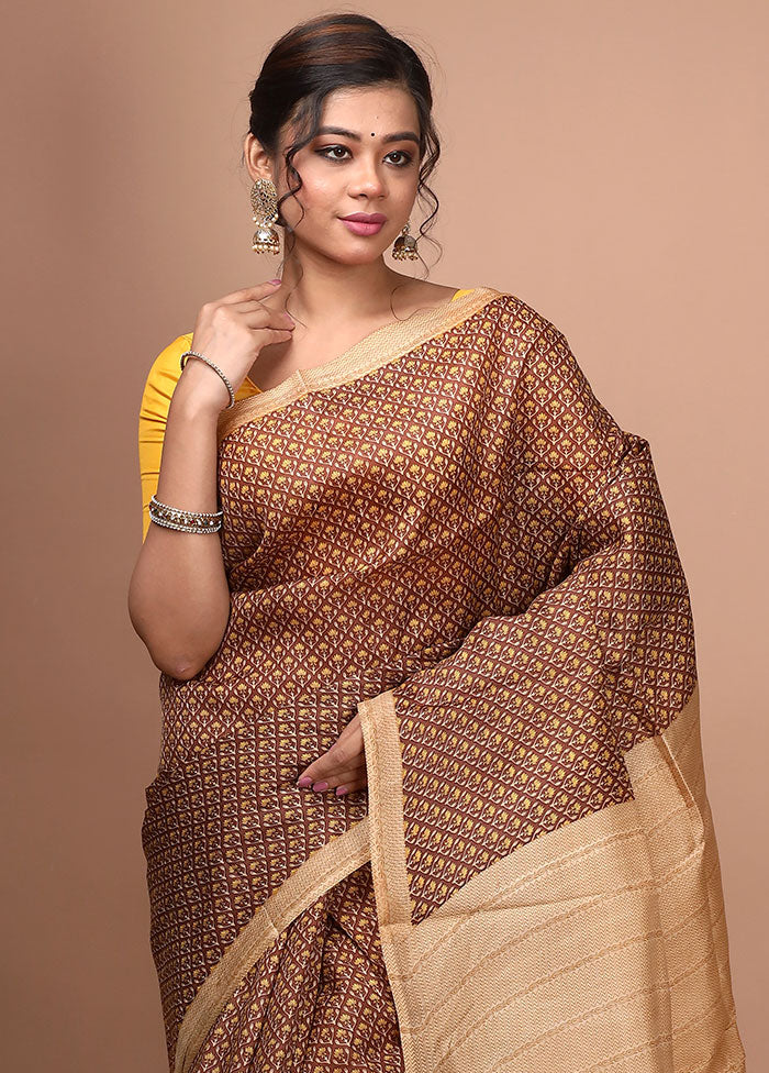 Brown Pure Printed Silk Saree With Blouse Piece - Indian Silk House Agencies