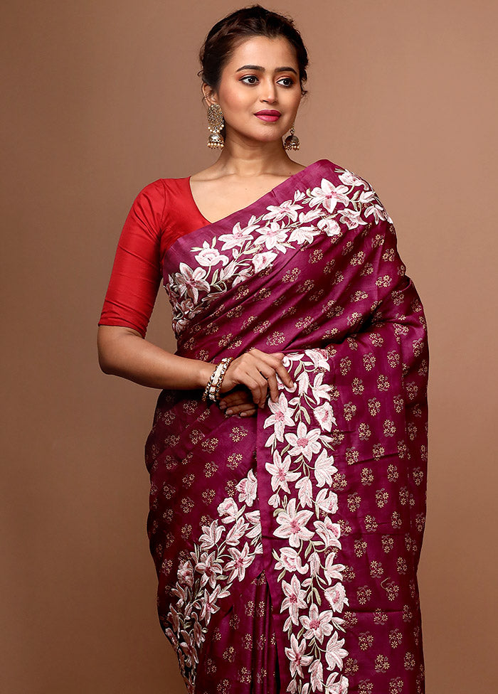 Purple Embroidered Pure Tussar Silk Saree With Blouse Piece - Indian Silk House Agencies