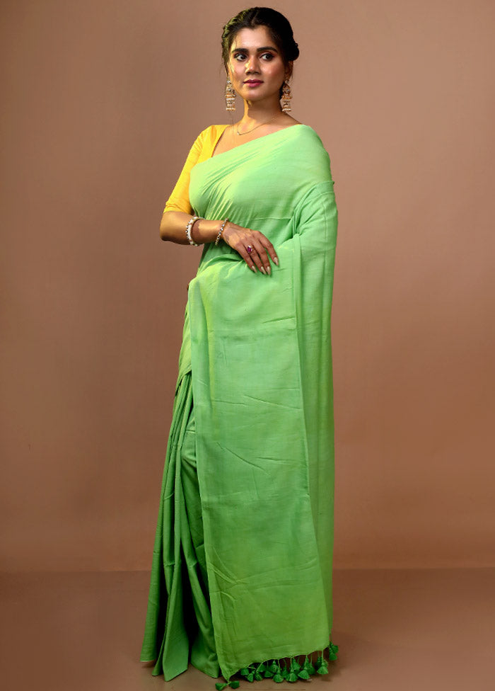 Green Mul Cotton Saree With Blouse Piece - Indian Silk House Agencies