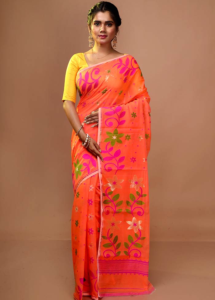 Rust Tant Jamdani Saree Without Blouse Piece - Indian Silk House Agencies