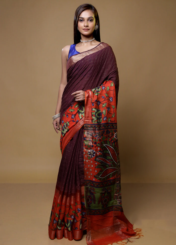 Maroon Tussar Silk Saree With Blouse Piece