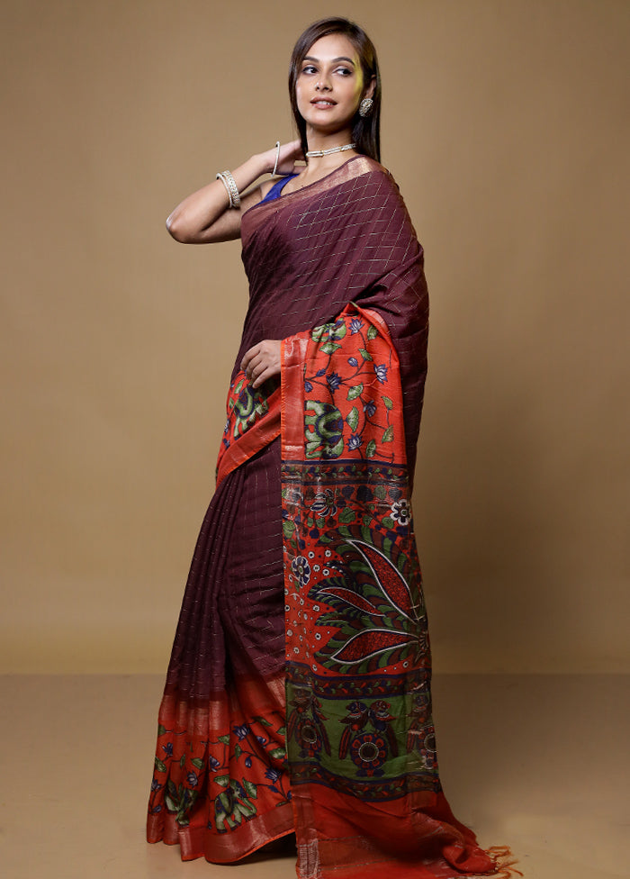 Maroon Tussar Silk Saree With Blouse Piece