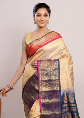 Cream Gadwal Pure Silk Saree Without Blouse Piece - Indian Silk House Agencies