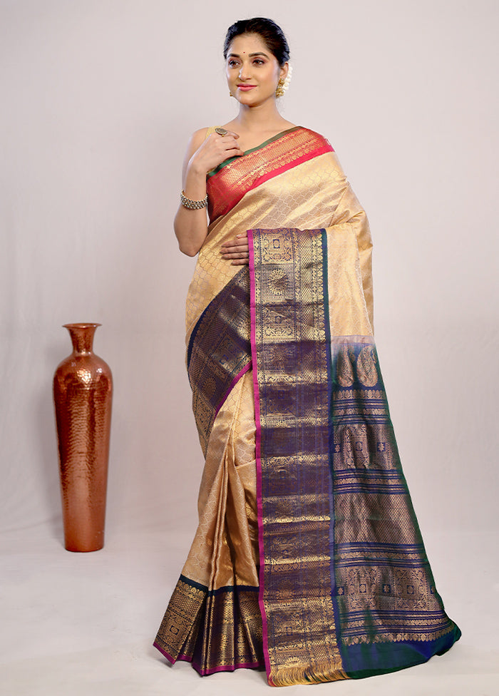 Cream Gadwal Pure Silk Saree Without Blouse Piece - Indian Silk House Agencies